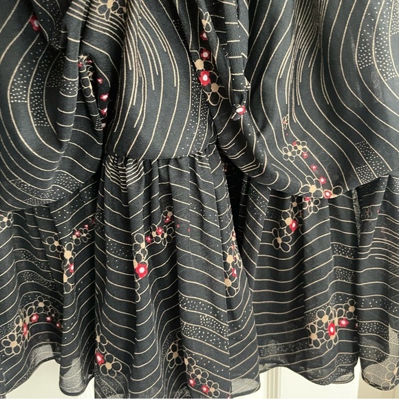 Vintage Union Made Long Sleeve Floral Dress Semi Sheer Ruffled Hem Black Red M/L - Picture 8 of 17